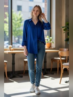 Chico's Royal Blue button-down No-iron Blouse  Size 3